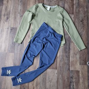 Nike Women's Dri-FIT Long-Sleeve Mint Top & Adidas Blue Trefoil Leggings, Size S